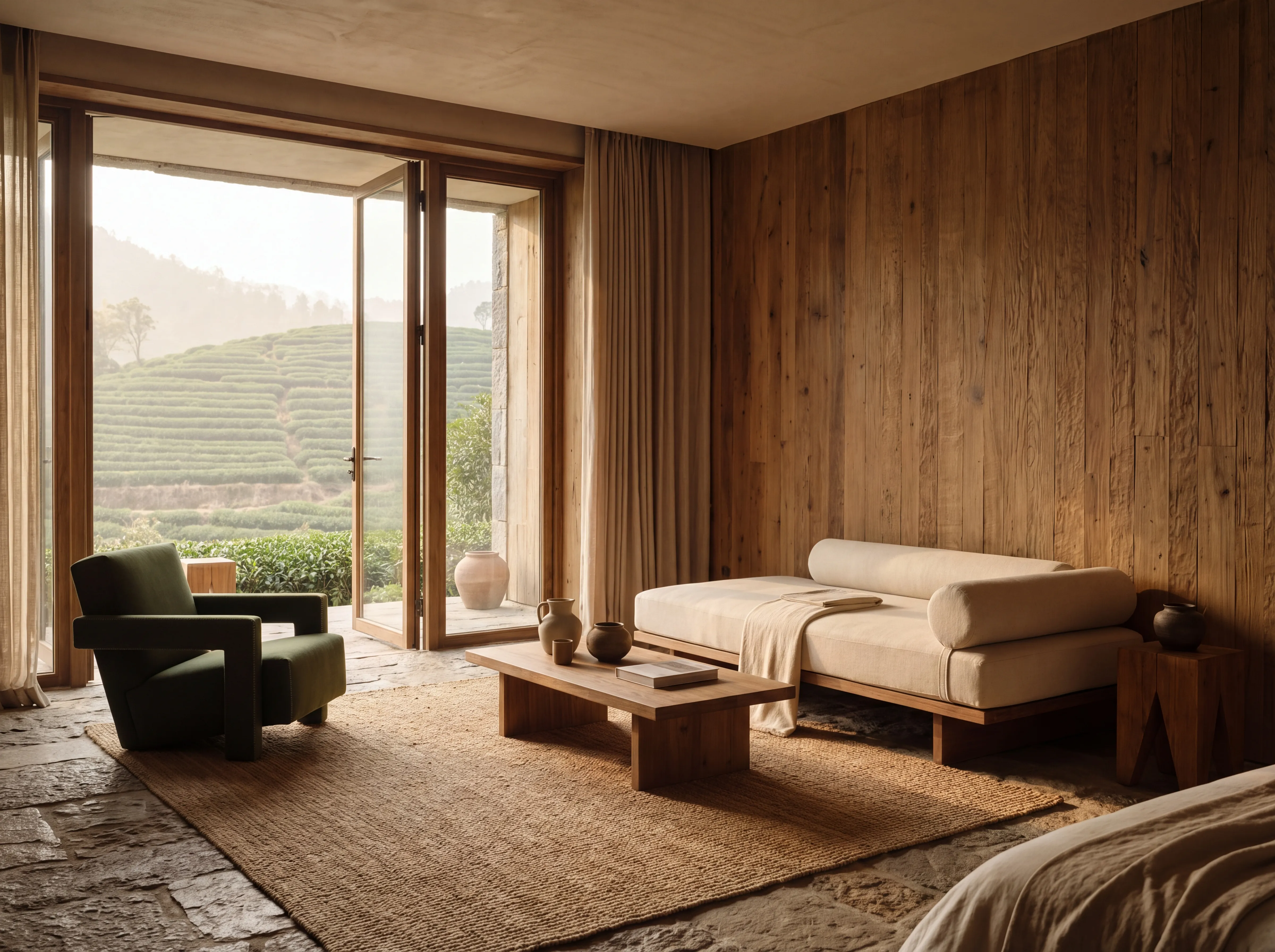ANYA Melia villa interior — timber walls, tea plantation view